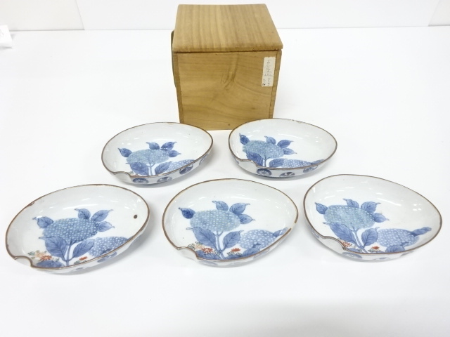 藍九谷　染付色絵　紫陽花文様　変形皿　5客